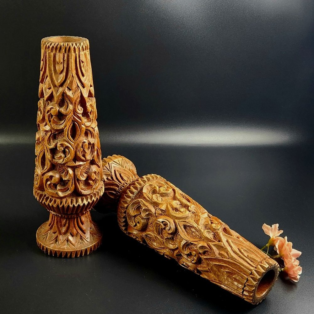 Mid-Century - Hand Carved - Stunning Wooden Vases - Set of 2 - 12" Tall